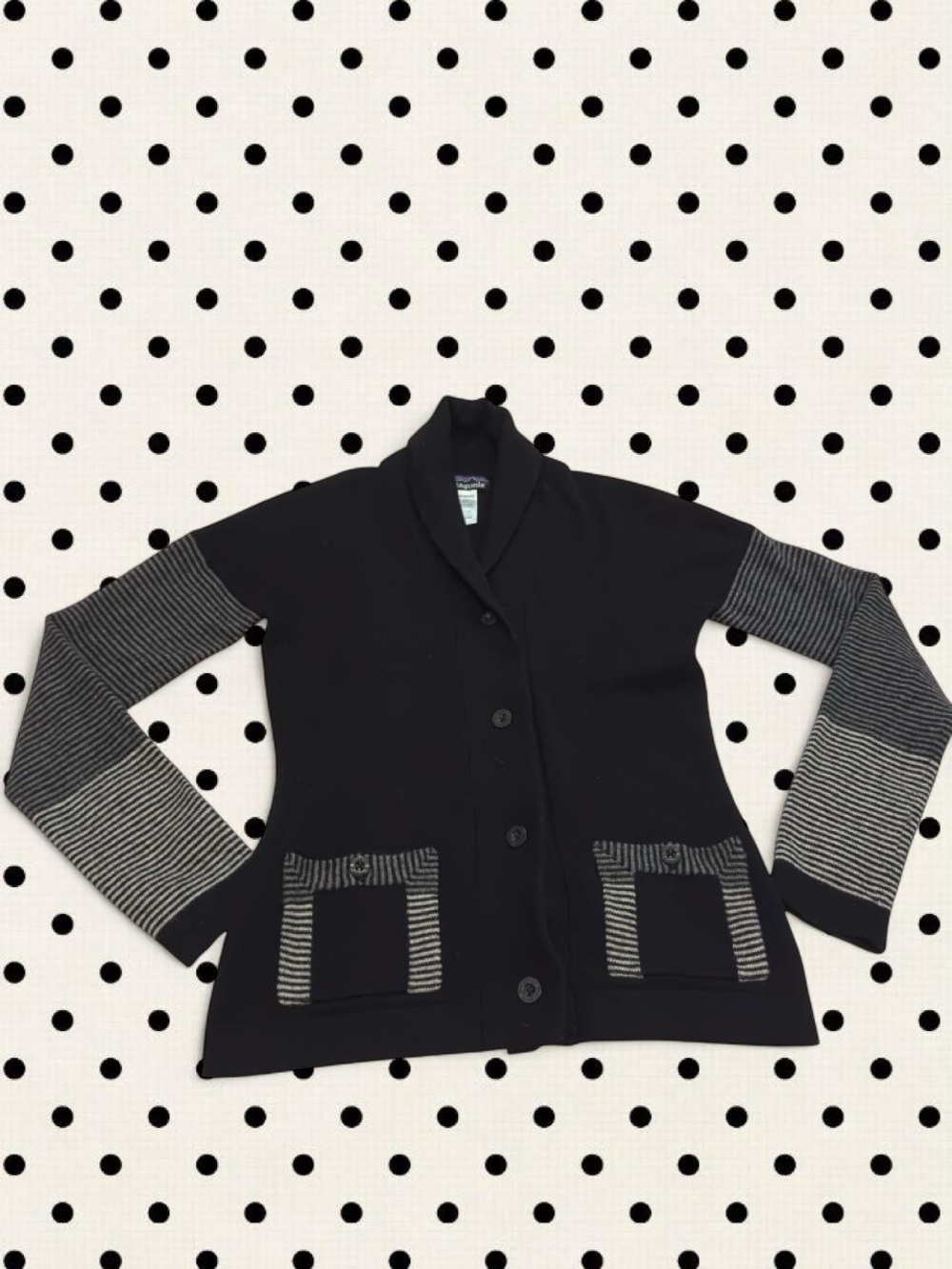 Patagonia Black Cardigan with Striped Gray Sleeves